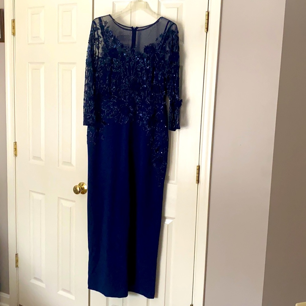 Adrianna Papell Navy Beaded Illusion Gown, Size 14.